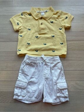Janie and Jack Yellow Polo Whale Embroidered Top with White Cargo Shorts